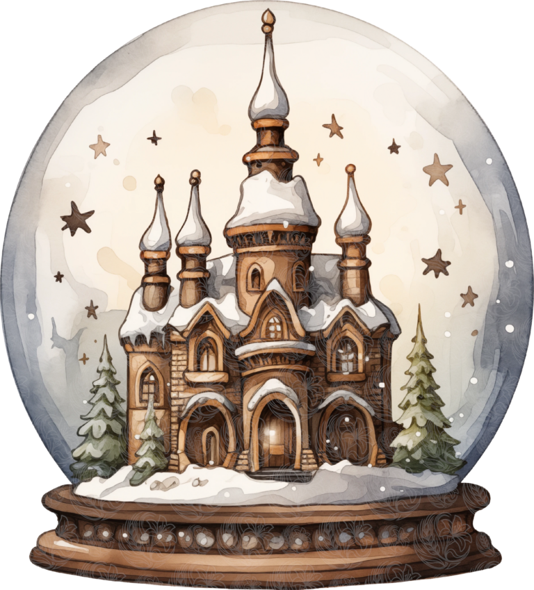 Christmas snow globe with a snow-covered castle spires and evergreen trees, Grey Barn Handwerk, Saskatchewan.